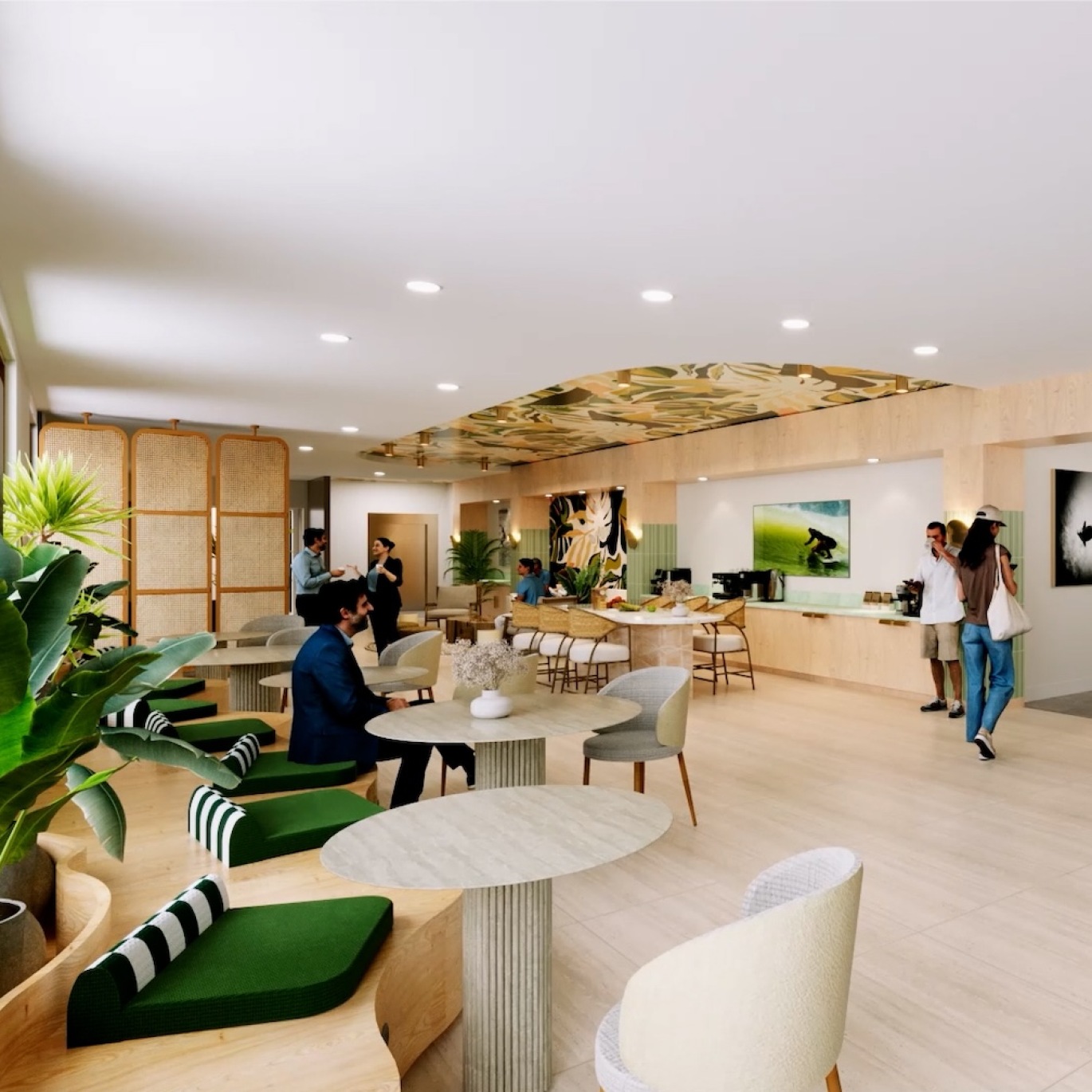 lounge area with bar-style seating, high ceilings, and large open windows